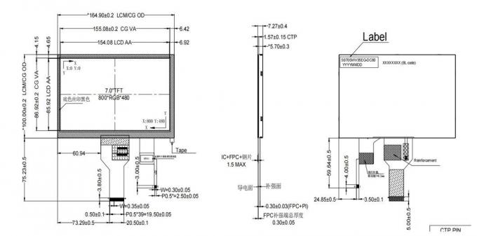 7.0inch 800X480 TFT LCD Display with Capacitive Touch Panel 800 (RGB) X480 Dots 800 (RGB) X480 Dots 900 Nits 12 O′clock